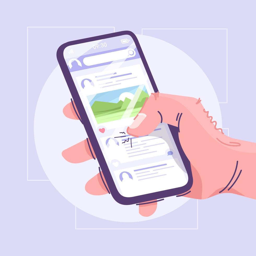 illustrazione vettoriale piatta per il tempo libero dei social media. passatempo moderno, concetto di cartone animato stile di vita. idea di attività alla moda. mano dell'utente che tiene smartphone con post online. tecnologia Internet, intrattenimento mobile