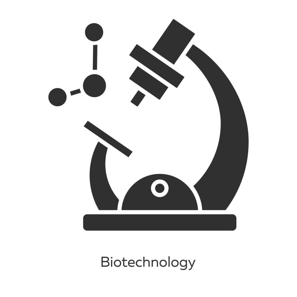 set di icone del glifo biotecnologico. biotecnologia. biologia molecolare. microscopio e molecola. apparecchiature per laboratori di chimica. biochimica. bioingegneria. simboli di sagoma. illustrazione vettoriale isolato