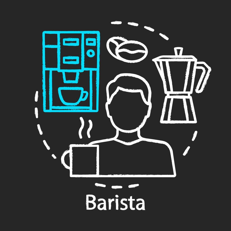 icona del gesso del barista. impiegato di caffetteria, barista. caffettiera. attrezzatura barista, macchina per caffè espresso. attrezzatura da cucina domestica per la preparazione del caffè. illustrazione di lavagna vettoriale isolata