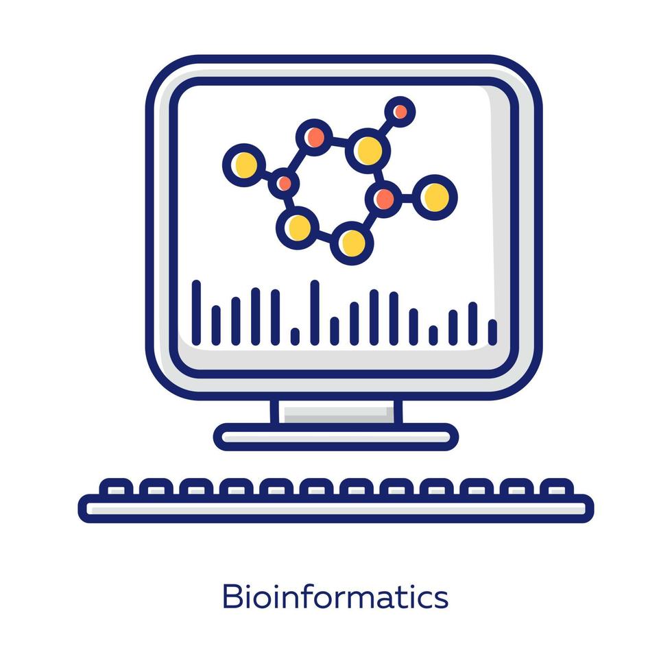 icona di colore bianco bioinformatica. ricerca sul genoma umano. analisi delle informazioni biochimiche tramite computer. dati biologici. archiviazione di informazioni di genetica molecolare. bioingegneria. illustrazione vettoriale isolata