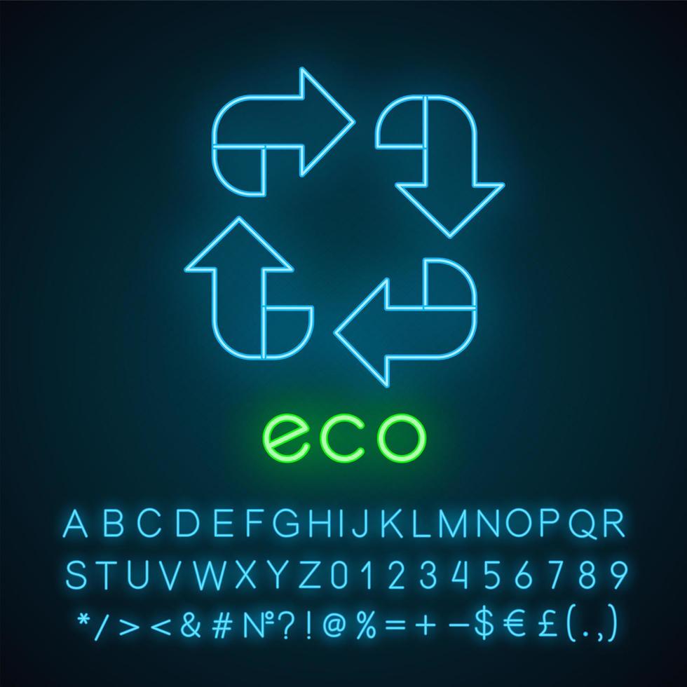 icona della luce al neon dell'etichetta ecologica. quattro segni di freccia ad angolo. simbolo di riciclo. energia alternativa. adesivo di protezione ambientale. segno luminoso con alfabeto, numeri e simboli. illustrazione vettoriale isolato