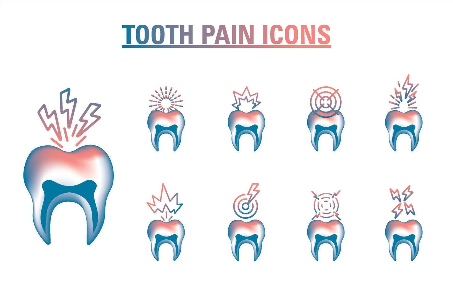 set di icone per dolori ai denti, icona vettoriale isolata su sfondo bianco, concetto di malattia della carie, logo con illustrazioni 3d, set di pittogrammi.