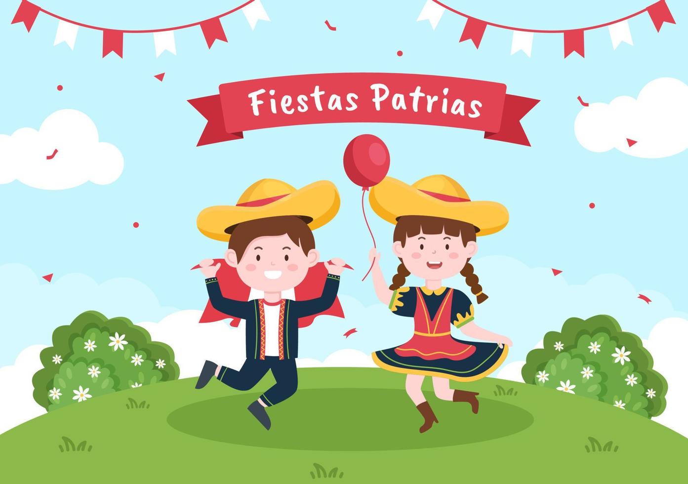 felices fiestas patrias o illustrazione del fumetto di festa dell'indipendenza peruviana con bandiera e persone carine per la festa nazionale del Perù celebrazione il 28 luglio in uno sfondo di stile piatto vettore