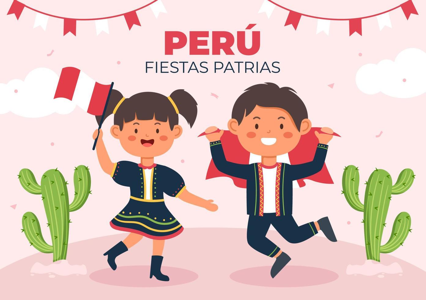 felices fiestas patrias o illustrazione del fumetto di festa dell'indipendenza peruviana con bandiera e persone carine per la festa nazionale del Perù celebrazione il 28 luglio in uno sfondo di stile piatto vettore