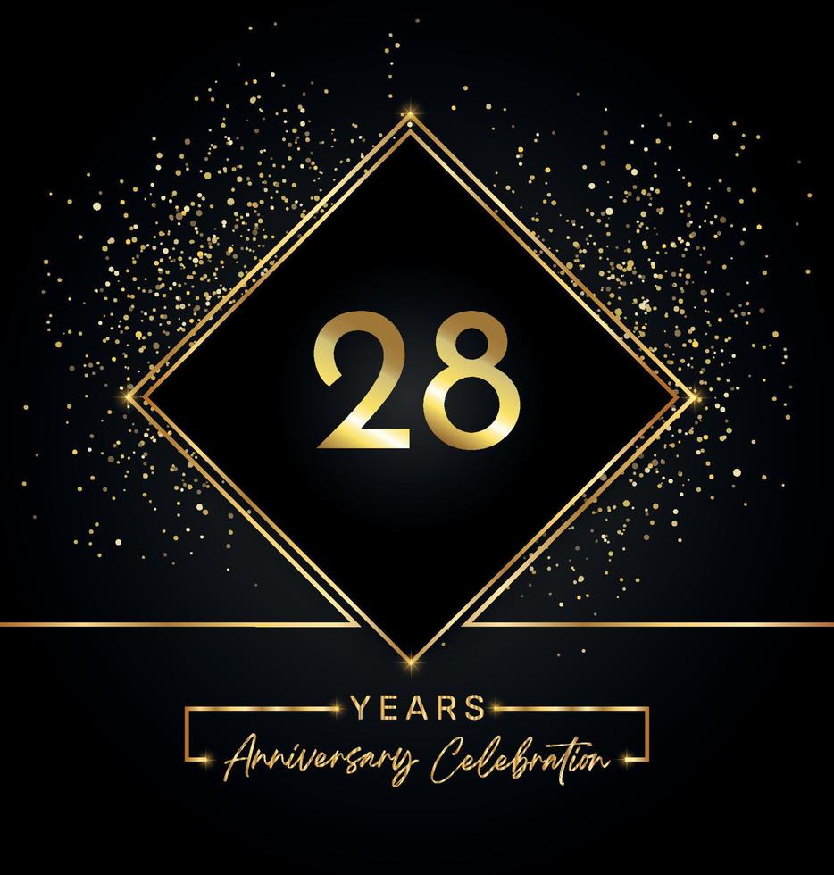 Celebrazione dell'anniversario di 28 anni con cornice dorata e glitter dorati su sfondo nero. disegno vettoriale per biglietto di auguri, festa di compleanno, matrimonio, festa evento, invito. Logo dell'anniversario di 28 anni.