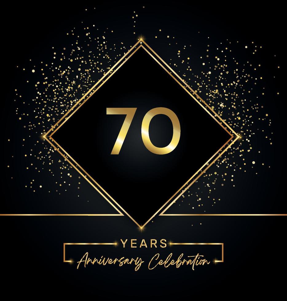 Celebrazione dell'anniversario di 70 anni con cornice dorata e glitter dorati su sfondo nero. disegno vettoriale per biglietto di auguri, festa di compleanno, matrimonio, festa evento, invito. Logo dell'anniversario di 70 anni.