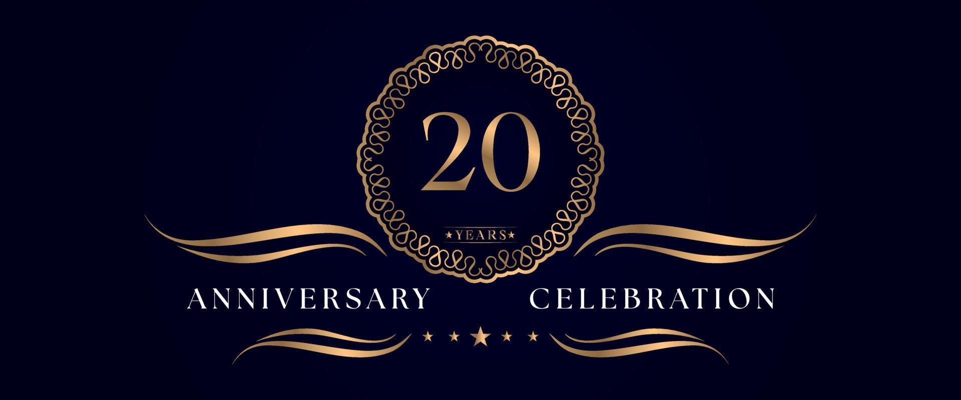 Celebrazione dell'anniversario di 20 anni con elegante cornice circolare isolata su sfondo blu scuro. disegno vettoriale per biglietto di auguri, festa di compleanno, matrimonio, festa evento, cerimonia. Logo dell'anniversario di 20 anni.