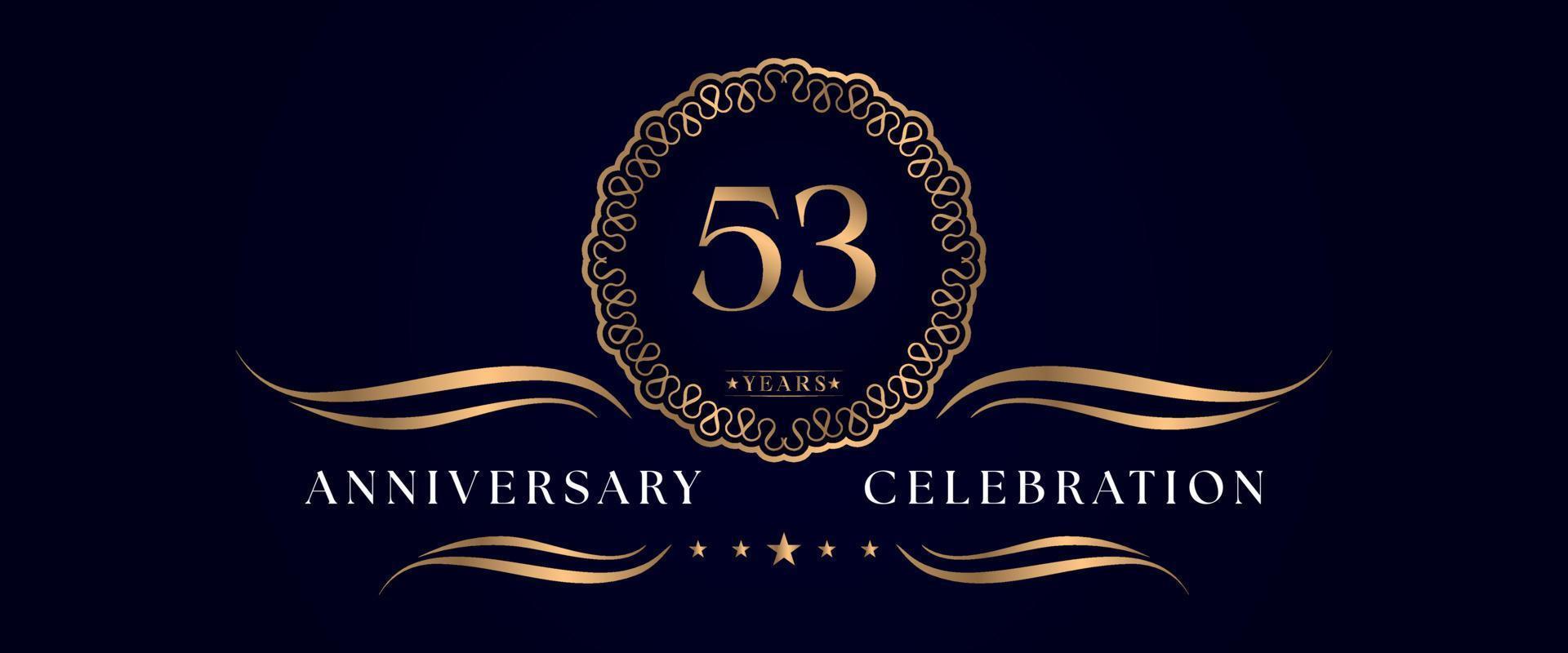 Celebrazione dell'anniversario di 53 anni con elegante cornice circolare isolata su sfondo blu scuro. disegno vettoriale per biglietto di auguri, festa di compleanno, matrimonio, festa evento, cerimonia. Logo dell'anniversario di 53 anni.