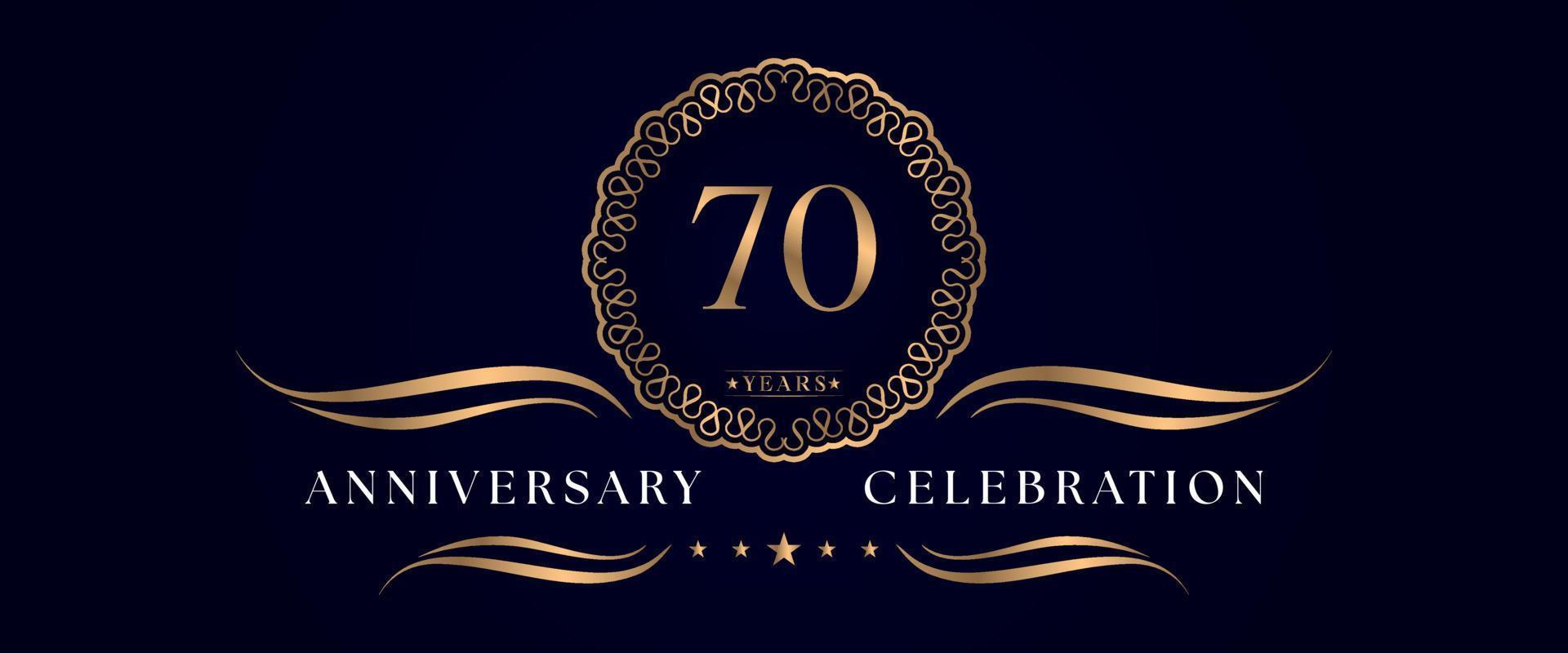 Celebrazione dell'anniversario di 70 anni con elegante cornice circolare isolata su sfondo blu scuro. disegno vettoriale per biglietto di auguri, festa di compleanno, matrimonio, festa evento, cerimonia. Logo dell'anniversario di 70 anni.