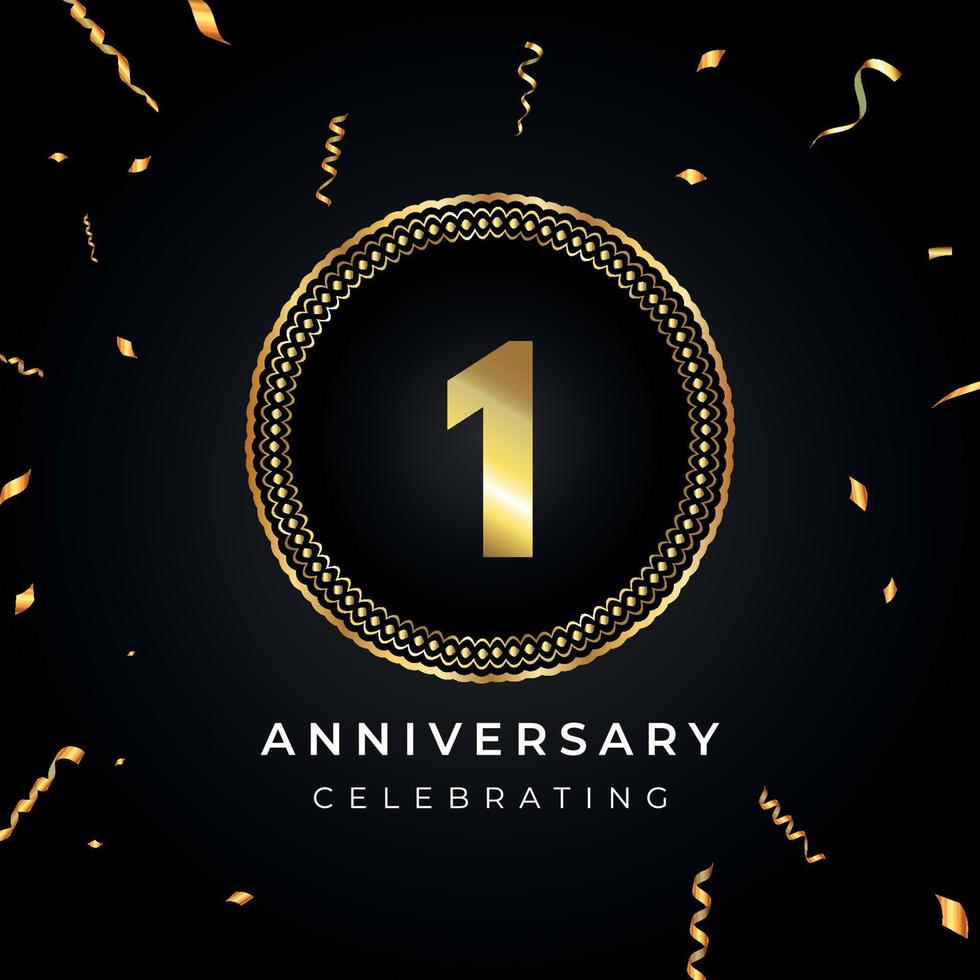 Celebrazione dell'anniversario di 1 anno con cornice circolare e coriandoli dorati isolati su sfondo nero. disegno vettoriale per biglietto di auguri, festa di compleanno, matrimonio, festa di eventi. Logo dell'anniversario di 1 anno.