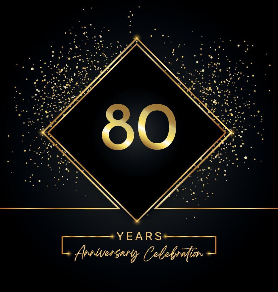 Celebrazione dell'anniversario di 80 anni con cornice dorata e glitter dorati su sfondo nero. disegno vettoriale per biglietto di auguri, festa di compleanno, matrimonio, festa evento, invito. Logo dell'anniversario di 80 anni.