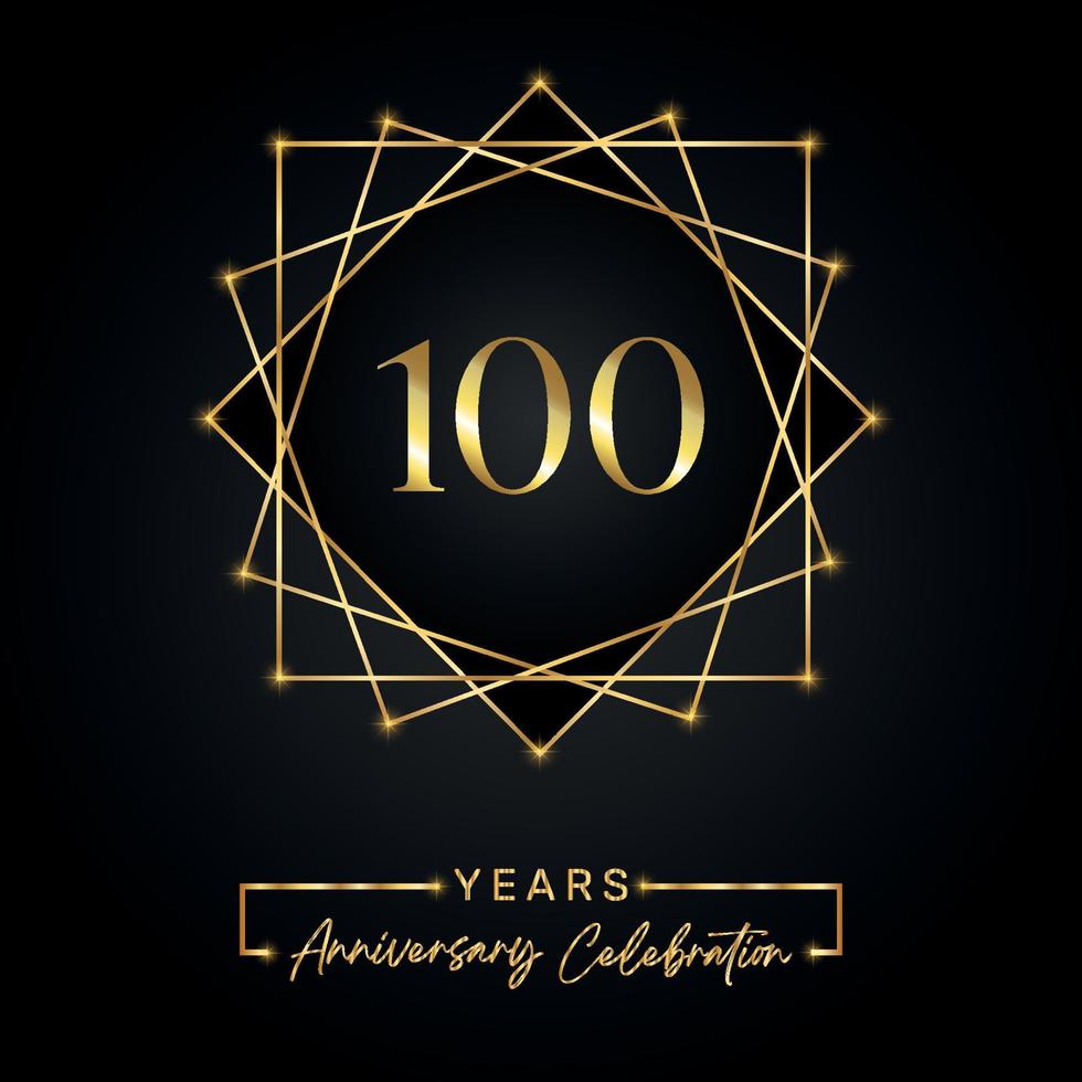 Design per la celebrazione dei 100 anni di anniversario. Logo del 100° anniversario con cornice dorata isolata su sfondo nero. disegno vettoriale per eventi di celebrazione dell'anniversario, festa di compleanno, biglietto di auguri.