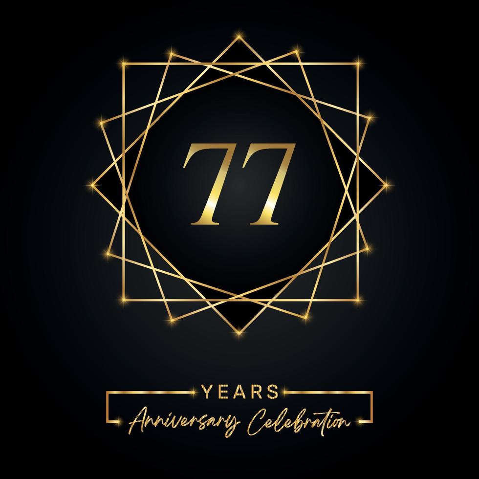 77 anni di design per la celebrazione dell'anniversario. Logo del 77° anniversario con cornice dorata isolata su sfondo nero. disegno vettoriale per eventi di celebrazione dell'anniversario, festa di compleanno, biglietto di auguri.