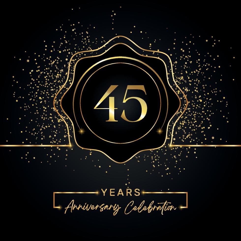 Celebrazione dell'anniversario di 45 anni con cornice a stella dorata isolata su sfondo nero. disegno vettoriale per biglietto di auguri, festa di compleanno, matrimonio, festa evento, biglietto d'invito. Logo dell'anniversario di 45 anni.