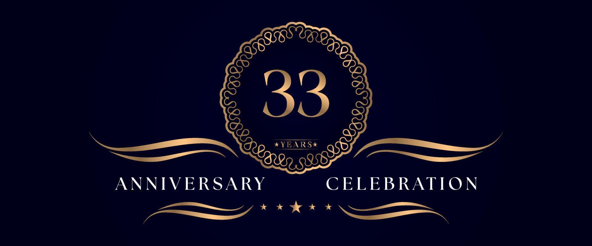 Celebrazione dell'anniversario di 33 anni con elegante cornice circolare isolata su sfondo blu scuro. disegno vettoriale per biglietto di auguri, festa di compleanno, matrimonio, festa evento, cerimonia. Logo dell'anniversario di 33 anni.