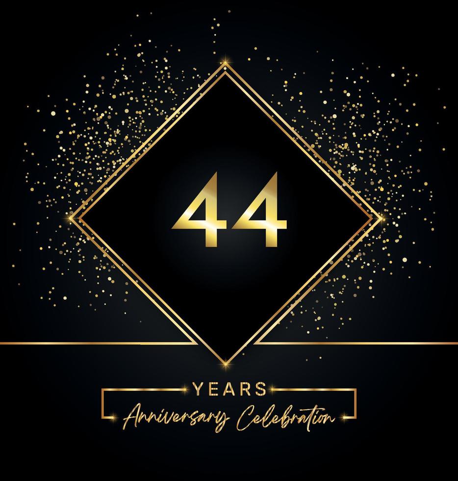 Celebrazione dell'anniversario di 44 anni con cornice dorata e glitter dorati su sfondo nero. disegno vettoriale per biglietto di auguri, festa di compleanno, matrimonio, festa evento, invito. Logo dell'anniversario di 44 anni.