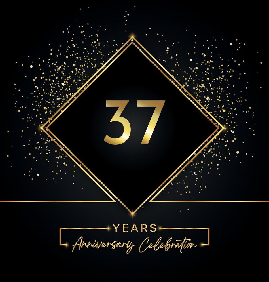 Celebrazione dell'anniversario di 37 anni con cornice dorata e glitter dorati su sfondo nero. disegno vettoriale per biglietto di auguri, festa di compleanno, matrimonio, festa evento, invito. Logo dell'anniversario di 37 anni.