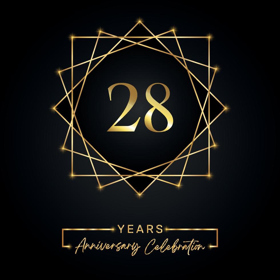 28 anni di design per la celebrazione dell'anniversario. Logo del 28° anniversario con cornice dorata isolata su sfondo nero. disegno vettoriale per eventi di celebrazione dell'anniversario, festa di compleanno, biglietto di auguri.