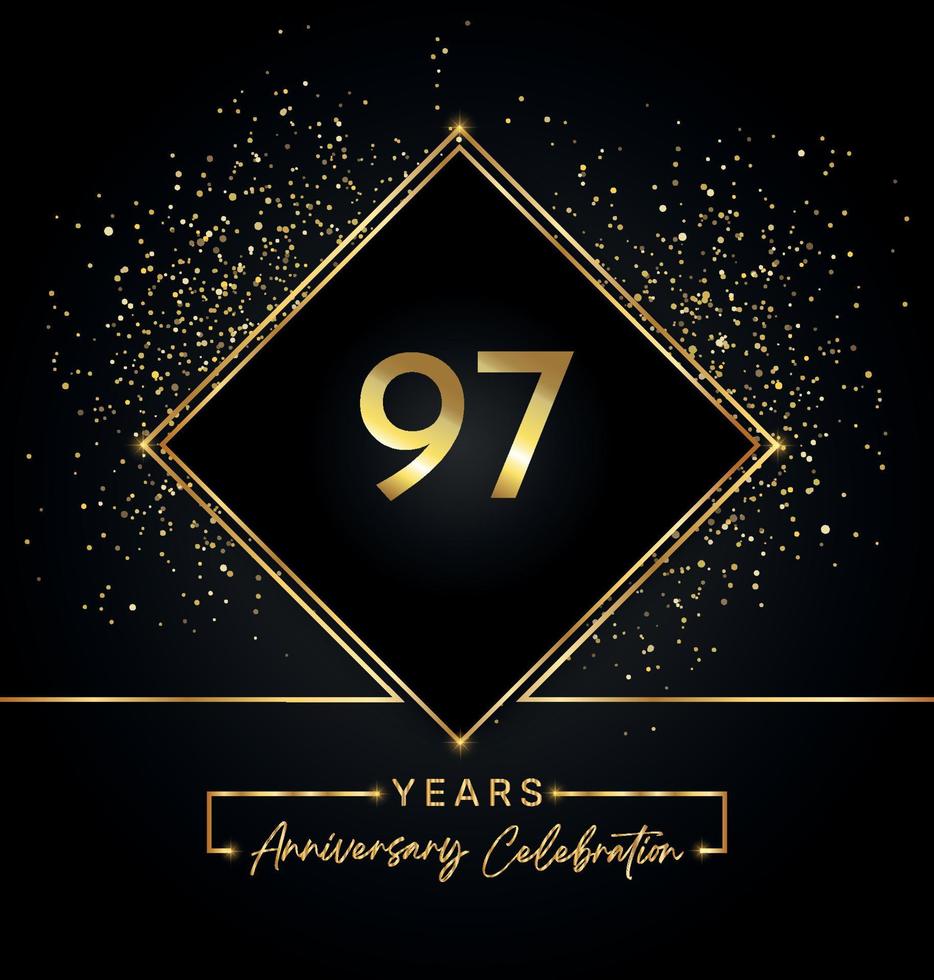 Celebrazione dell'anniversario di 97 anni con cornice dorata e glitter dorati su sfondo nero. disegno vettoriale per biglietto di auguri, festa di compleanno, matrimonio, festa evento, invito. Logo dell'anniversario di 97 anni.