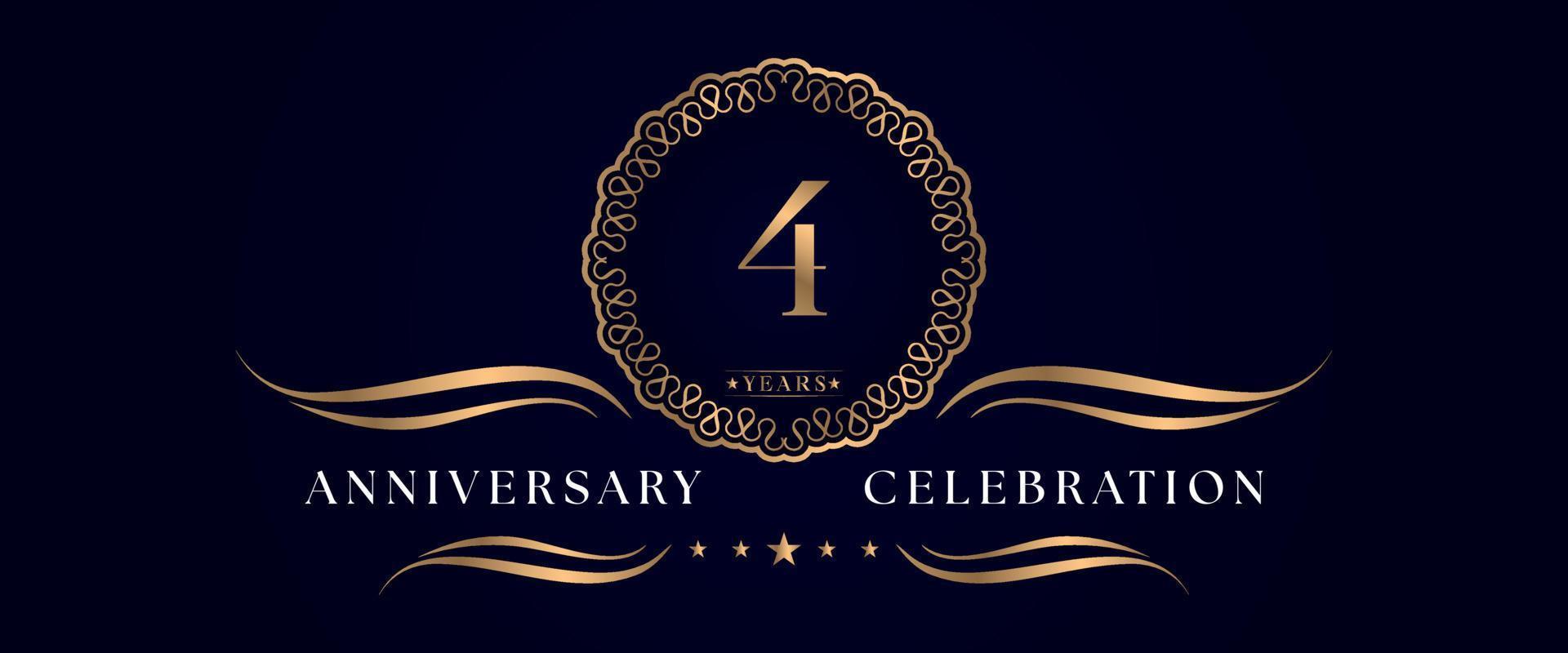 Celebrazione dell'anniversario di 4 anni con elegante cornice circolare isolata su sfondo blu scuro. disegno vettoriale per biglietto di auguri, festa di compleanno, matrimonio, festa evento, cerimonia. Logo dell'anniversario di 4 anni.