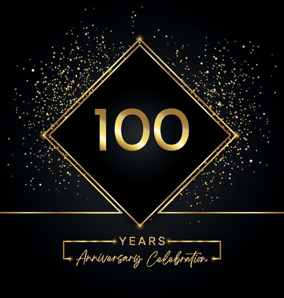 Celebrazione dell'anniversario di 100 anni con cornice dorata e glitter dorati su sfondo nero. disegno vettoriale per biglietto di auguri, festa di compleanno, matrimonio, festa evento, invito. Logo dell'anniversario di 100 anni.