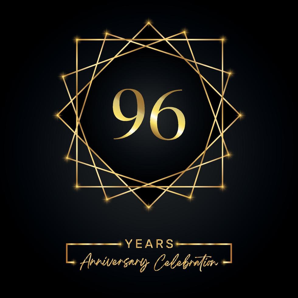 Design per la celebrazione dell'anniversario di 96 anni. Logo del 96° anniversario con cornice dorata isolata su sfondo nero. disegno vettoriale per eventi di celebrazione dell'anniversario, festa di compleanno, biglietto di auguri.