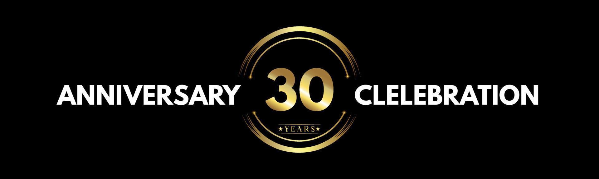 30 anni anniversario colore oro e bianco con anello circolare isolato su sfondo nero per eventi di celebrazione dell'anniversario, festa di compleanno, brochure, web, biglietto di auguri. Logotipo del 30° anniversario vettore