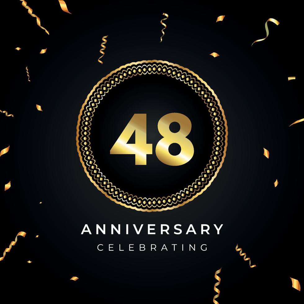 Celebrazione dell'anniversario di 48 anni con cornice circolare e coriandoli dorati isolati su sfondo nero. disegno vettoriale per biglietto di auguri, festa di compleanno, matrimonio, festa di eventi. Logo dell'anniversario di 48 anni.