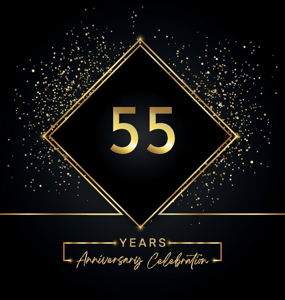 Celebrazione dell'anniversario di 55 anni con cornice dorata e glitter dorati su sfondo nero. disegno vettoriale per biglietto di auguri, festa di compleanno, matrimonio, festa evento, invito. Logo dell'anniversario di 55 anni.