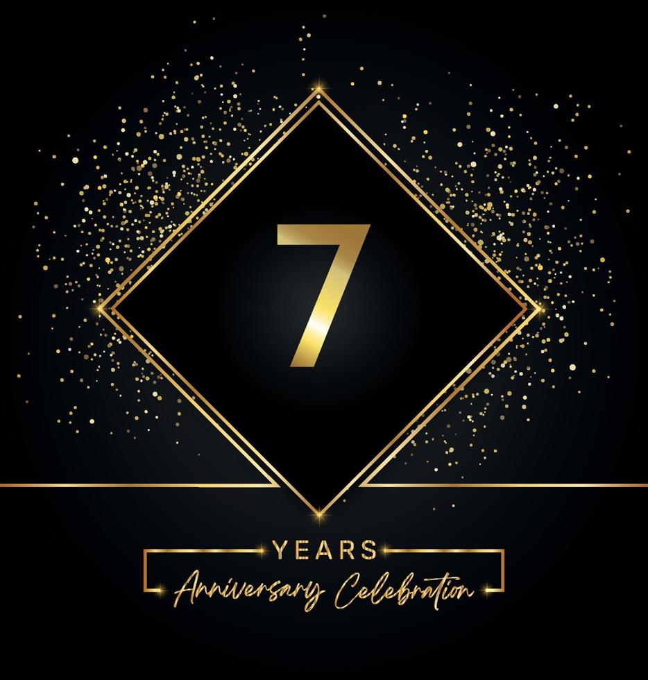 Celebrazione dell'anniversario di 7 anni con cornice dorata e glitter dorati su sfondo nero. disegno vettoriale per biglietto di auguri, festa di compleanno, matrimonio, festa evento, invito. Logo dell'anniversario di 7 anni.