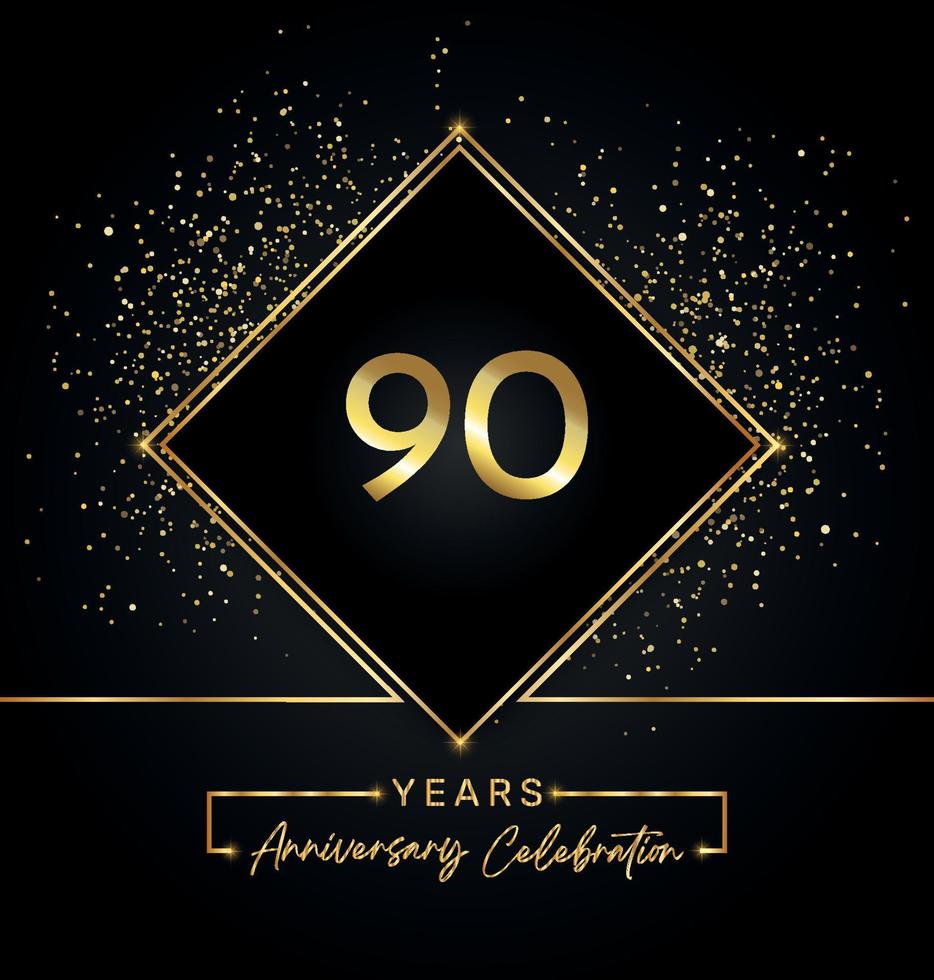 Celebrazione dell'anniversario di 90 anni con cornice dorata e glitter dorati su sfondo nero. disegno vettoriale per biglietto di auguri, festa di compleanno, matrimonio, festa evento, invito. Logo dell'anniversario di 90 anni.