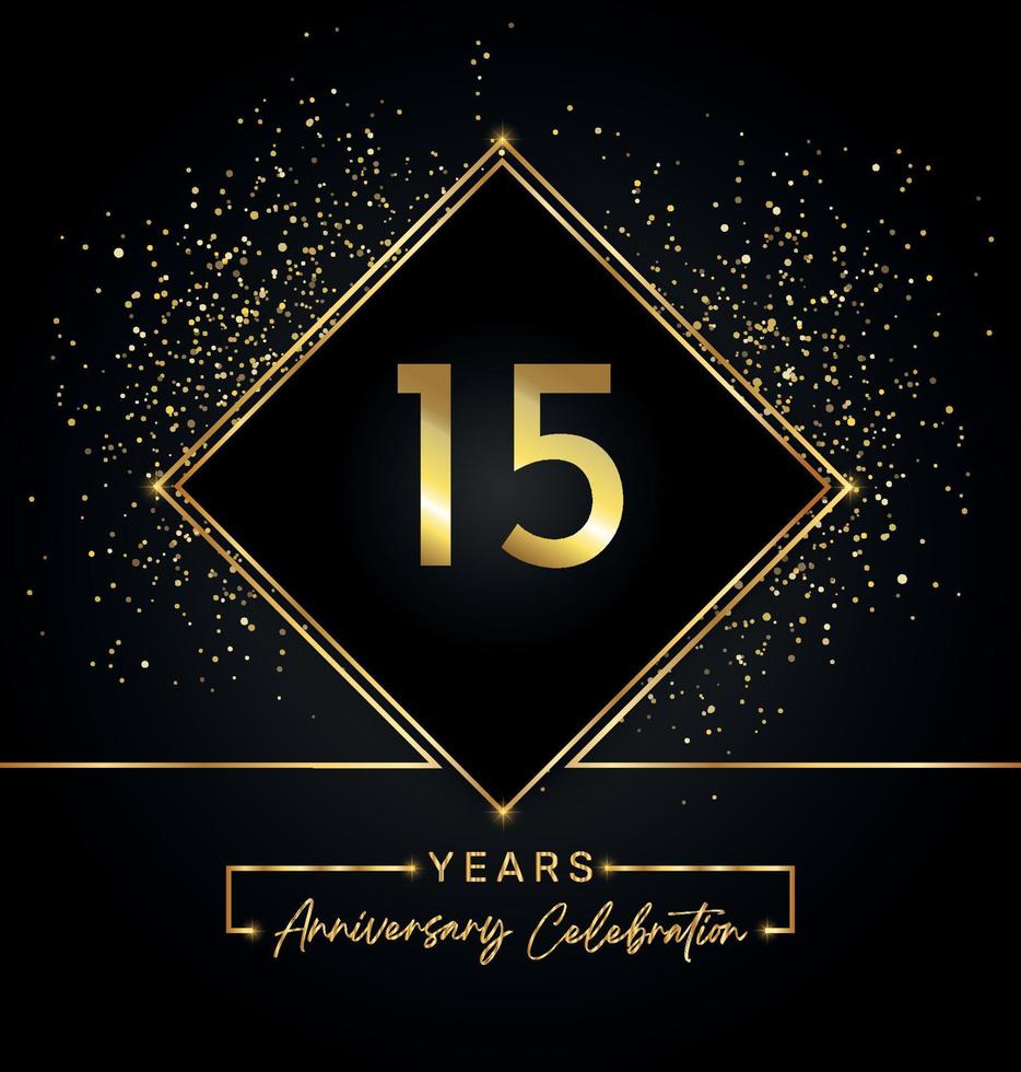 Celebrazione dell'anniversario di 15 anni con cornice dorata e glitter dorati su sfondo nero. disegno vettoriale per biglietto di auguri, festa di compleanno, matrimonio, festa evento, invito. Logo dell'anniversario di 15 anni.