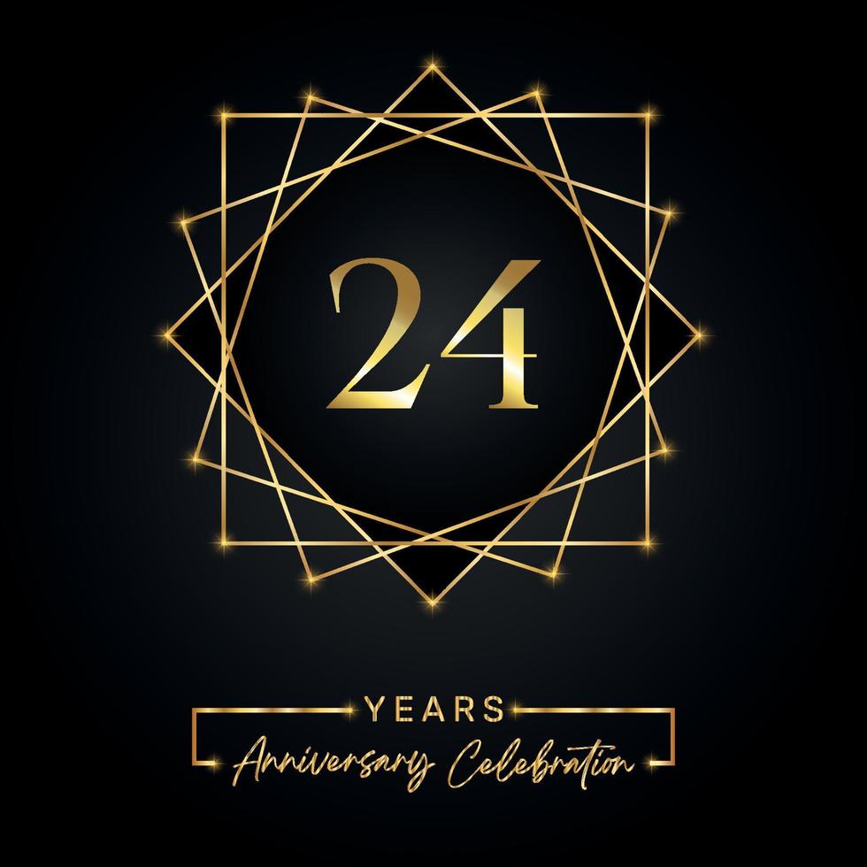 24 anni di design per la celebrazione dell'anniversario. Logo del 24° anniversario con cornice dorata isolata su sfondo nero. disegno vettoriale per eventi di celebrazione dell'anniversario, festa di compleanno, biglietto di auguri.