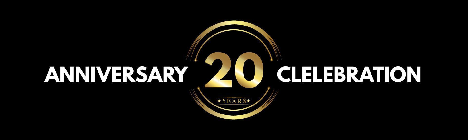 20 anni anniversario colore oro e bianco con anello circolare isolato su sfondo nero per eventi di celebrazione dell'anniversario, festa di compleanno, brochure, web, biglietto di auguri. Logotipo dell'anniversario di 20 anni vettore