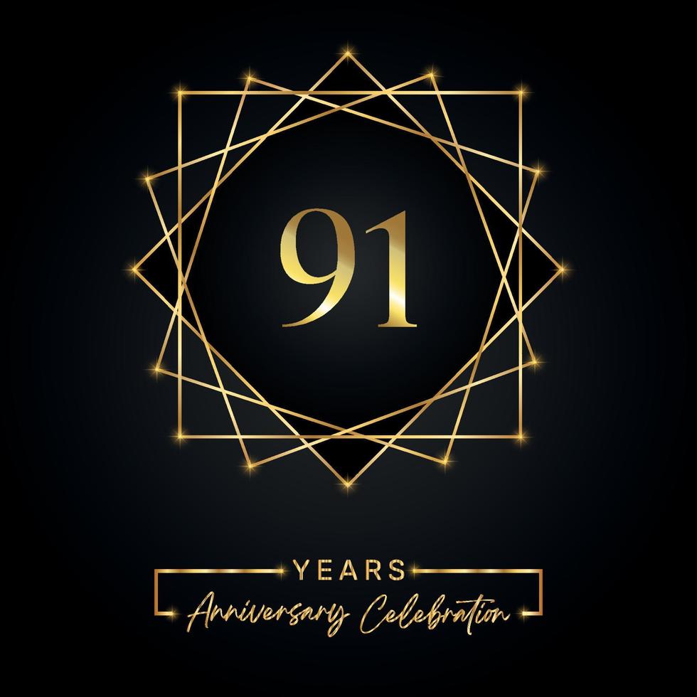 Design per la celebrazione dell'anniversario di 91 anni. Logo del 91° anniversario con cornice dorata isolata su sfondo nero. disegno vettoriale per eventi di celebrazione dell'anniversario, festa di compleanno, biglietto di auguri.