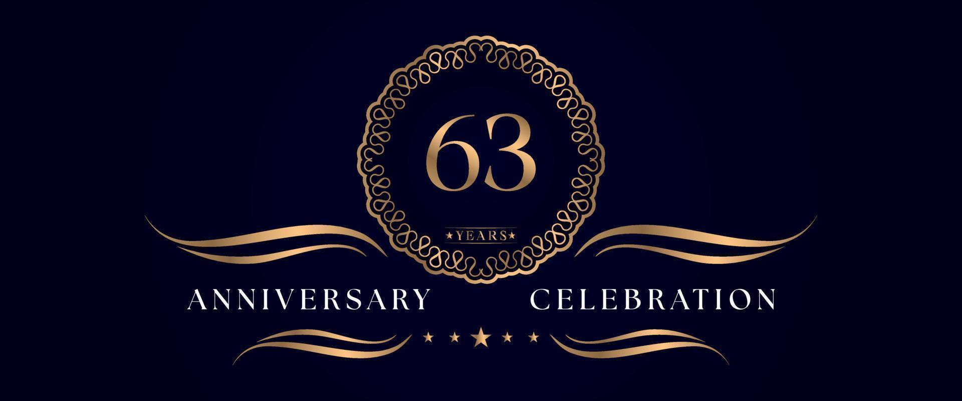 Celebrazione dell'anniversario di 63 anni con elegante cornice circolare isolata su sfondo blu scuro. disegno vettoriale per biglietto di auguri, festa di compleanno, matrimonio, festa evento, cerimonia. Logo dell'anniversario di 63 anni.