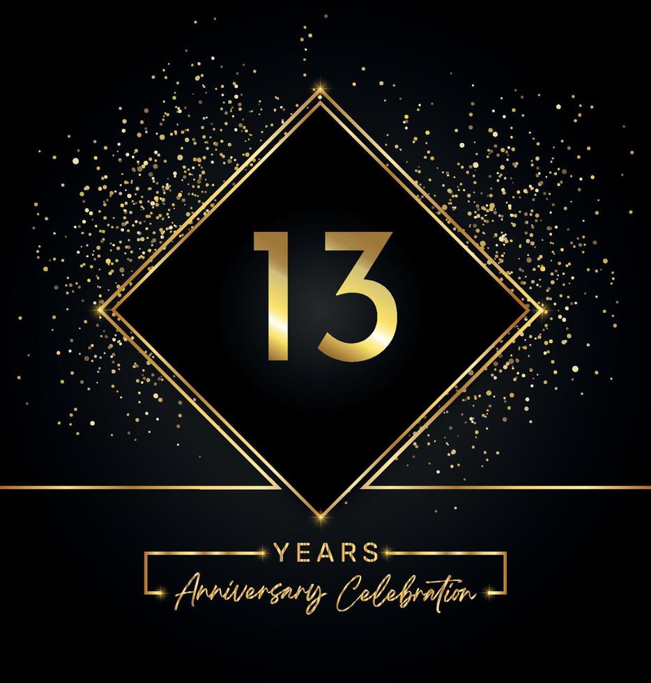 Celebrazione dell'anniversario di 13 anni con cornice dorata e glitter dorati su sfondo nero. disegno vettoriale per biglietto di auguri, festa di compleanno, matrimonio, festa evento, invito. Logo dell'anniversario di 13 anni.