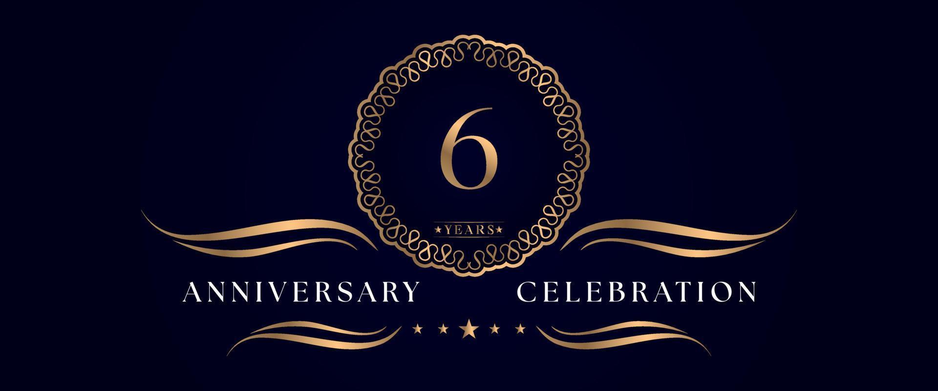 Celebrazione dell'anniversario di 6 anni con elegante cornice circolare isolata su sfondo blu scuro. disegno vettoriale per biglietto di auguri, festa di compleanno, matrimonio, festa evento, cerimonia. Logo dell'anniversario di 6 anni.