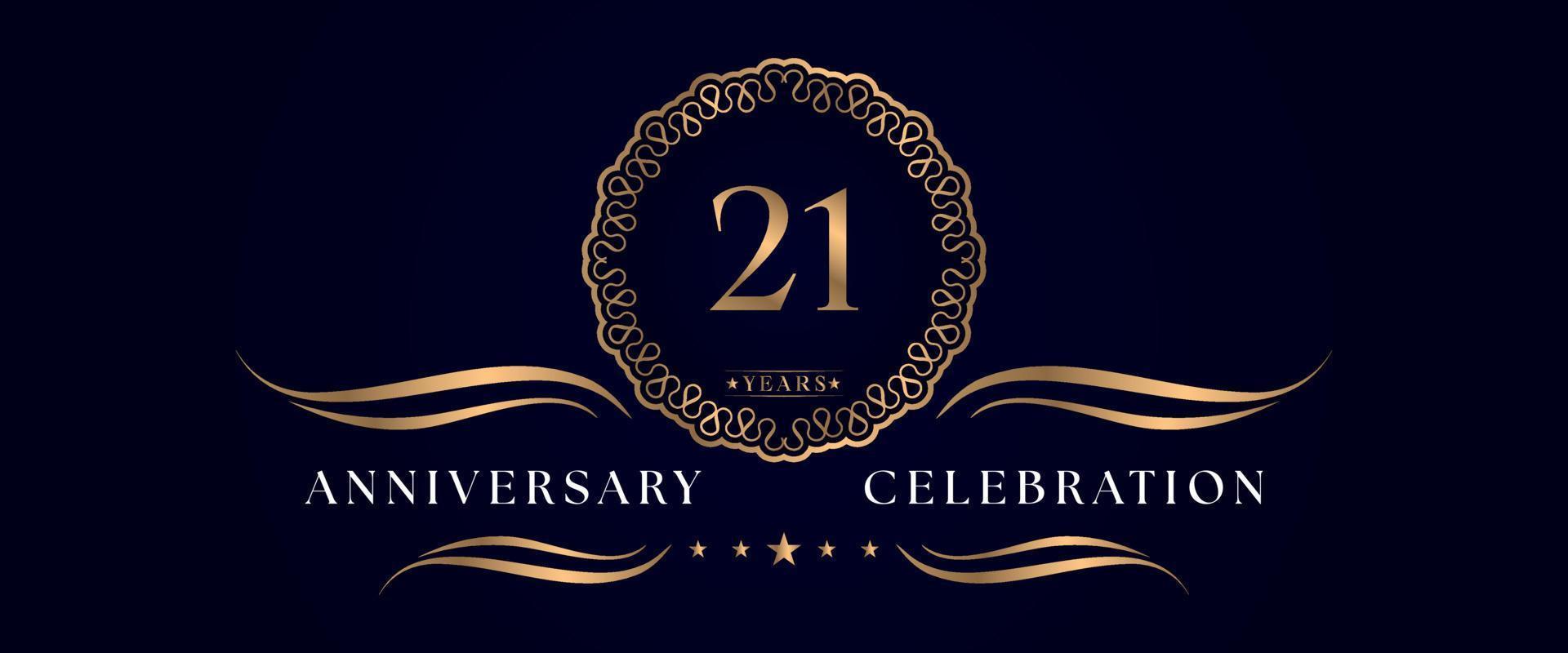 Celebrazione dell'anniversario di 21 anni con elegante cornice circolare isolata su sfondo blu scuro. disegno vettoriale per biglietto di auguri, festa di compleanno, matrimonio, festa evento, cerimonia. Logo dell'anniversario di 21 anni.