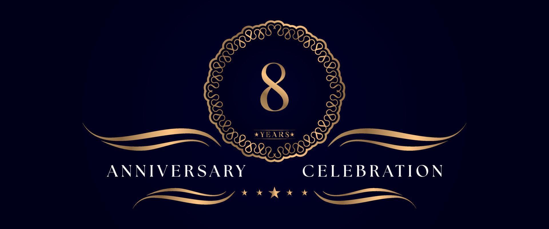 Celebrazione dell'anniversario di 8 anni con elegante cornice circolare isolata su sfondo blu scuro. disegno vettoriale per biglietto di auguri, festa di compleanno, matrimonio, festa evento, cerimonia. Logo dell'anniversario di 8 anni.