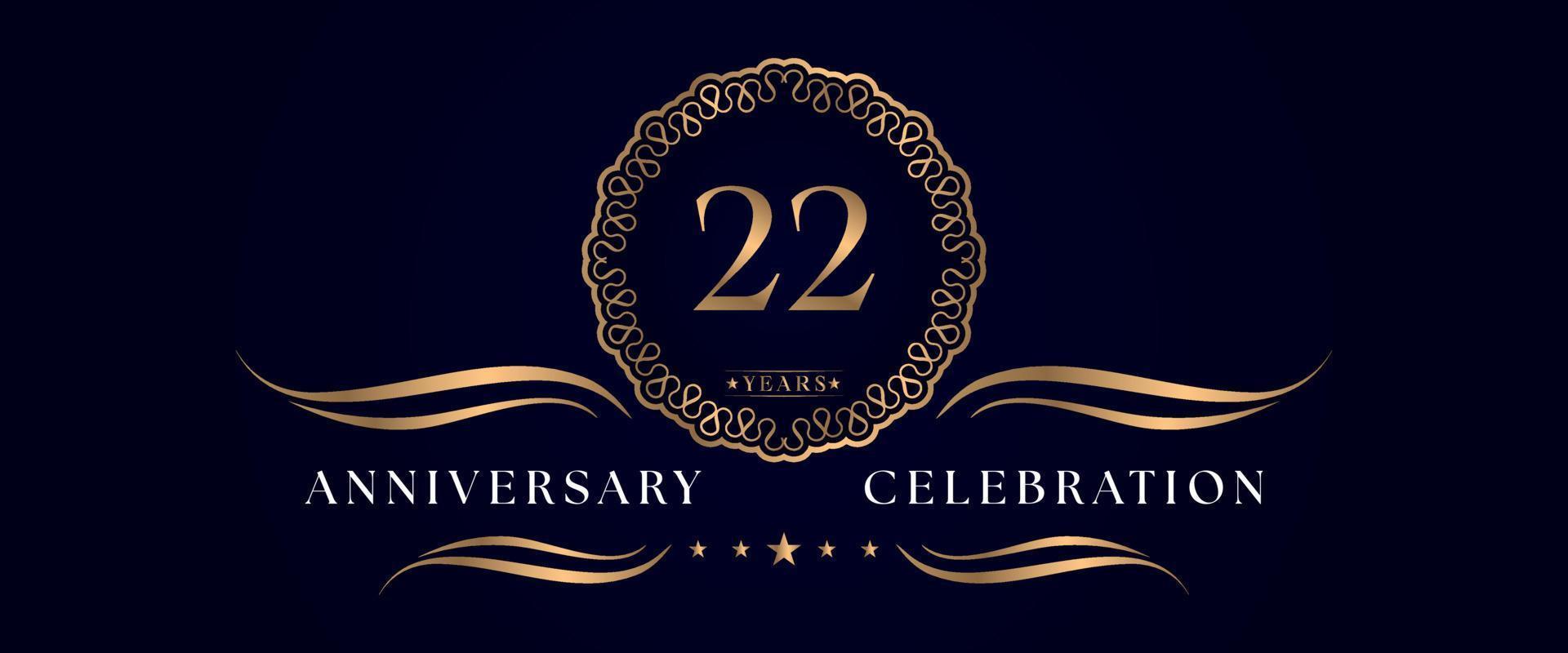 Celebrazione dell'anniversario di 22 anni con elegante cornice circolare isolata su sfondo blu scuro. disegno vettoriale per biglietto di auguri, festa di compleanno, matrimonio, festa evento, cerimonia. Logo dell'anniversario di 22 anni.