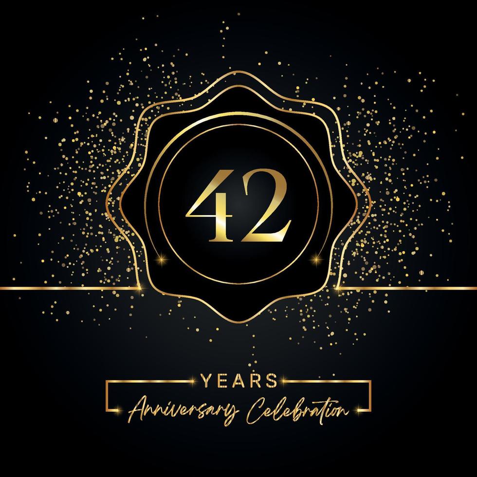 Celebrazione dell'anniversario di 42 anni con cornice a stella dorata isolata su sfondo nero. disegno vettoriale per biglietto di auguri, festa di compleanno, matrimonio, festa evento, biglietto d'invito. Logo dell'anniversario di 42 anni.