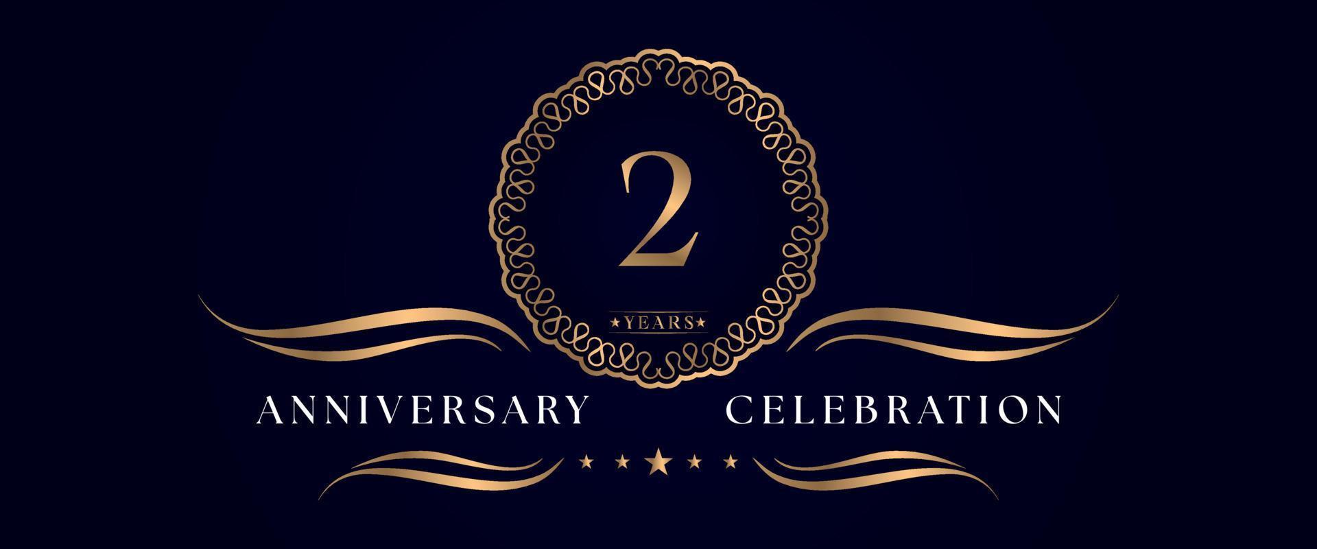 Celebrazione dell'anniversario di 2 anni con elegante cornice circolare isolata su sfondo blu scuro. disegno vettoriale per biglietto di auguri, festa di compleanno, matrimonio, festa evento, cerimonia. Logo dell'anniversario di 2 anni.