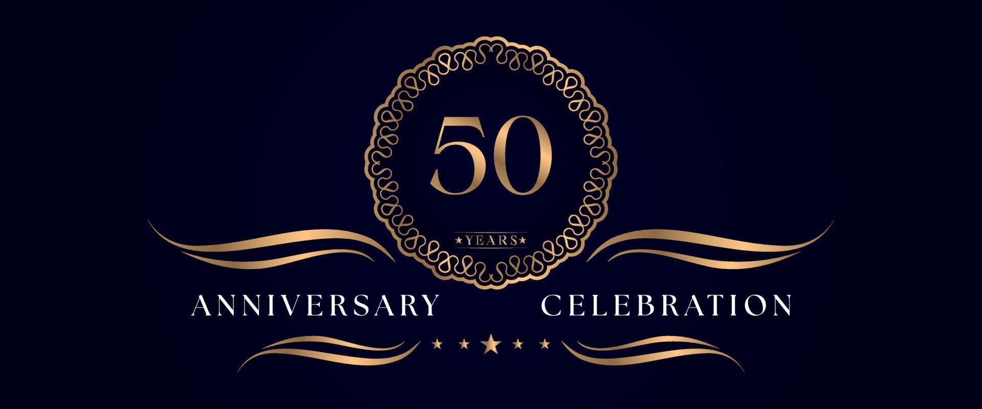 Celebrazione dell'anniversario di 50 anni con elegante cornice circolare isolata su sfondo blu scuro. disegno vettoriale per biglietto di auguri, festa di compleanno, matrimonio, festa evento, cerimonia. Logo dell'anniversario di 50 anni.