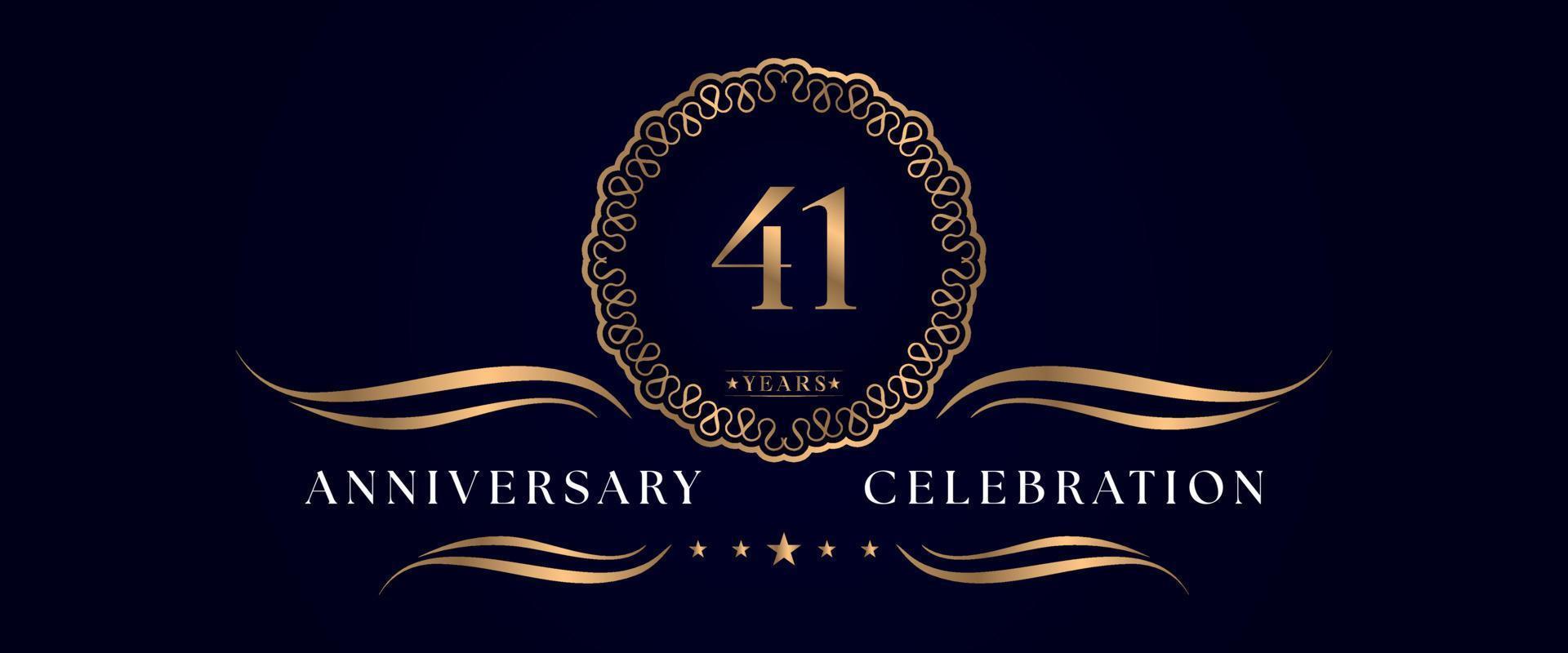 Celebrazione dell'anniversario di 41 anni con elegante cornice circolare isolata su sfondo blu scuro. disegno vettoriale per biglietto di auguri, festa di compleanno, matrimonio, festa evento, cerimonia. Logo dell'anniversario di 41 anni.