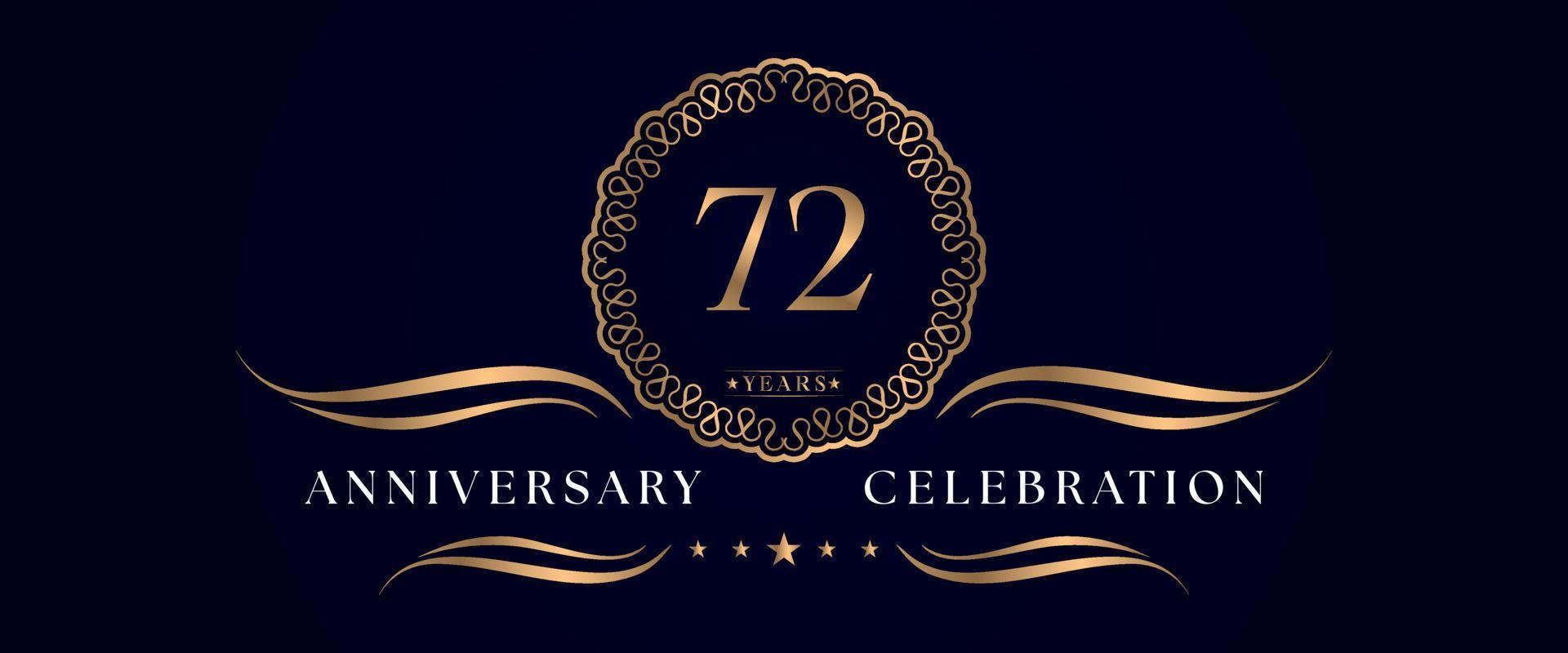 Celebrazione dell'anniversario di 72 anni con elegante cornice circolare isolata su sfondo blu scuro. disegno vettoriale per biglietto di auguri, festa di compleanno, matrimonio, festa evento, cerimonia. Logo dell'anniversario di 72 anni.