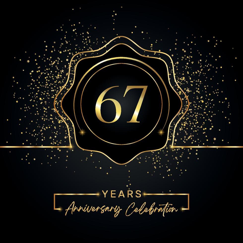 Celebrazione dell'anniversario di 67 anni con cornice a stella dorata isolata su sfondo nero. disegno vettoriale per biglietto di auguri, festa di compleanno, matrimonio, festa evento, biglietto d'invito. Logo dell'anniversario di 67 anni.