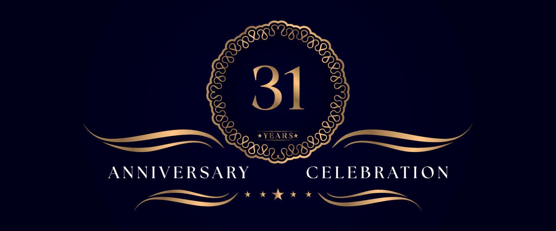 Celebrazione dell'anniversario di 31 anni con elegante cornice circolare isolata su sfondo blu scuro. disegno vettoriale per biglietto di auguri, festa di compleanno, matrimonio, festa evento, cerimonia. Logo dell'anniversario di 31 anni.