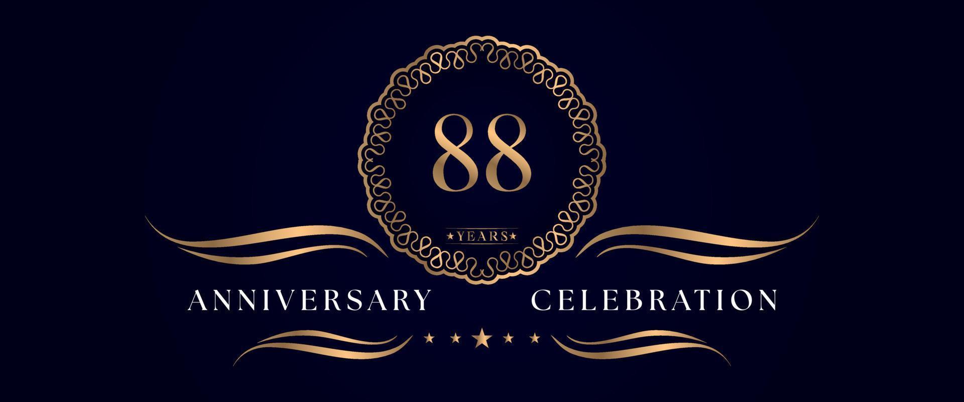 Celebrazione dell'anniversario di 88 anni con elegante cornice circolare isolata su sfondo blu scuro. disegno vettoriale per biglietto di auguri, festa di compleanno, matrimonio, festa evento, cerimonia. Logo dell'anniversario di 88 anni.