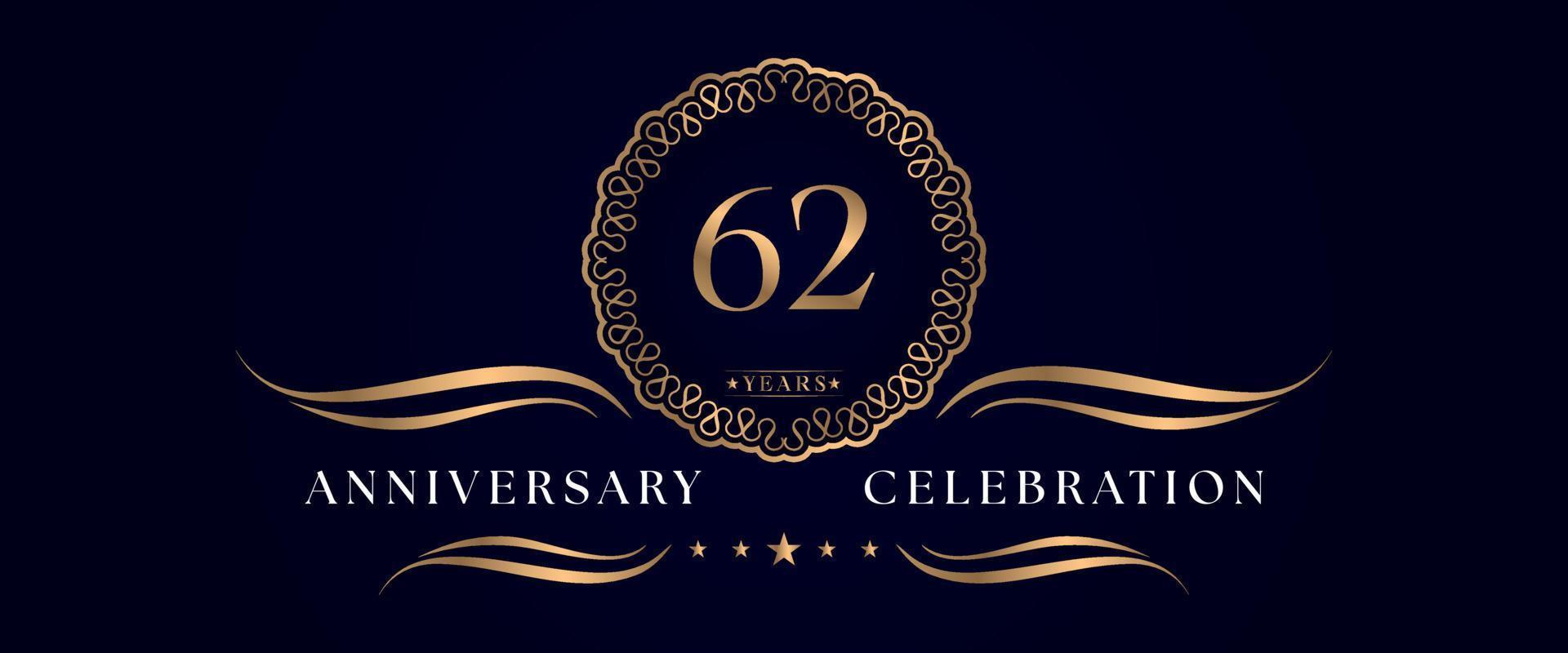 Celebrazione dell'anniversario di 62 anni con elegante cornice circolare isolata su sfondo blu scuro. disegno vettoriale per biglietto di auguri, festa di compleanno, matrimonio, festa evento, cerimonia. Logo dell'anniversario di 62 anni.
